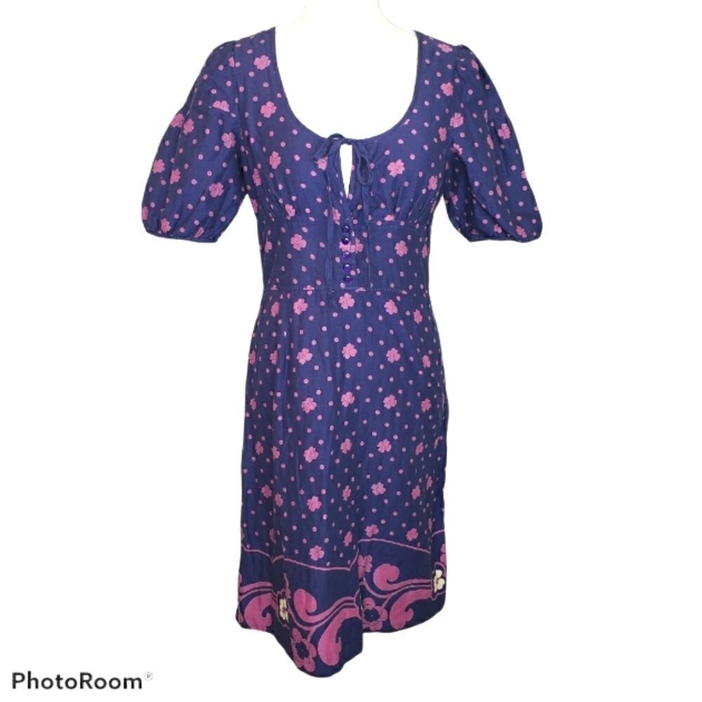 Maeve Purple Pink Floral Puff Sleeve Cotton Dress